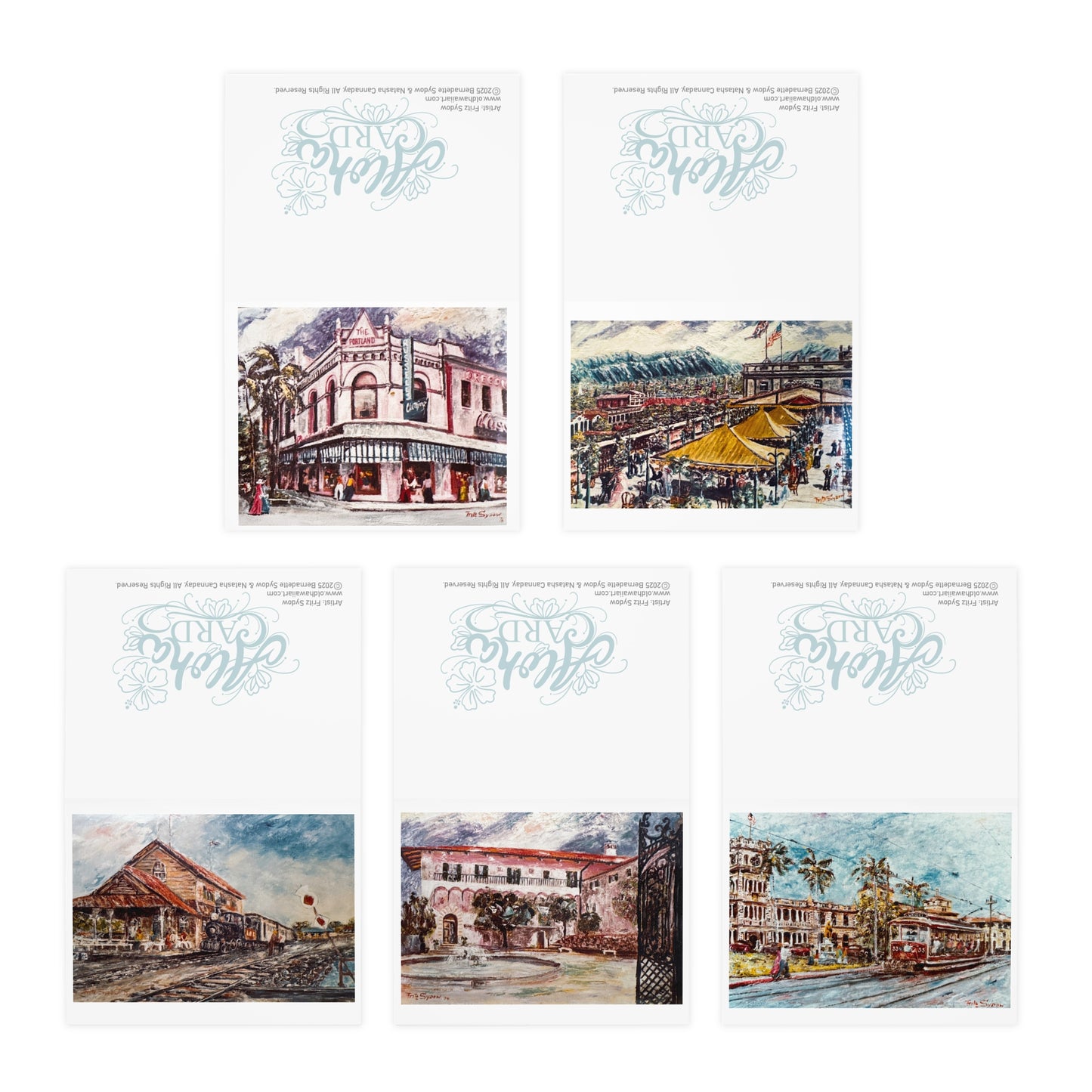 Vintage Oʻahu in Motion – Greeting Cards Featuring Trolleys, Trains, Markets & Historic Buildings – 5-Pack