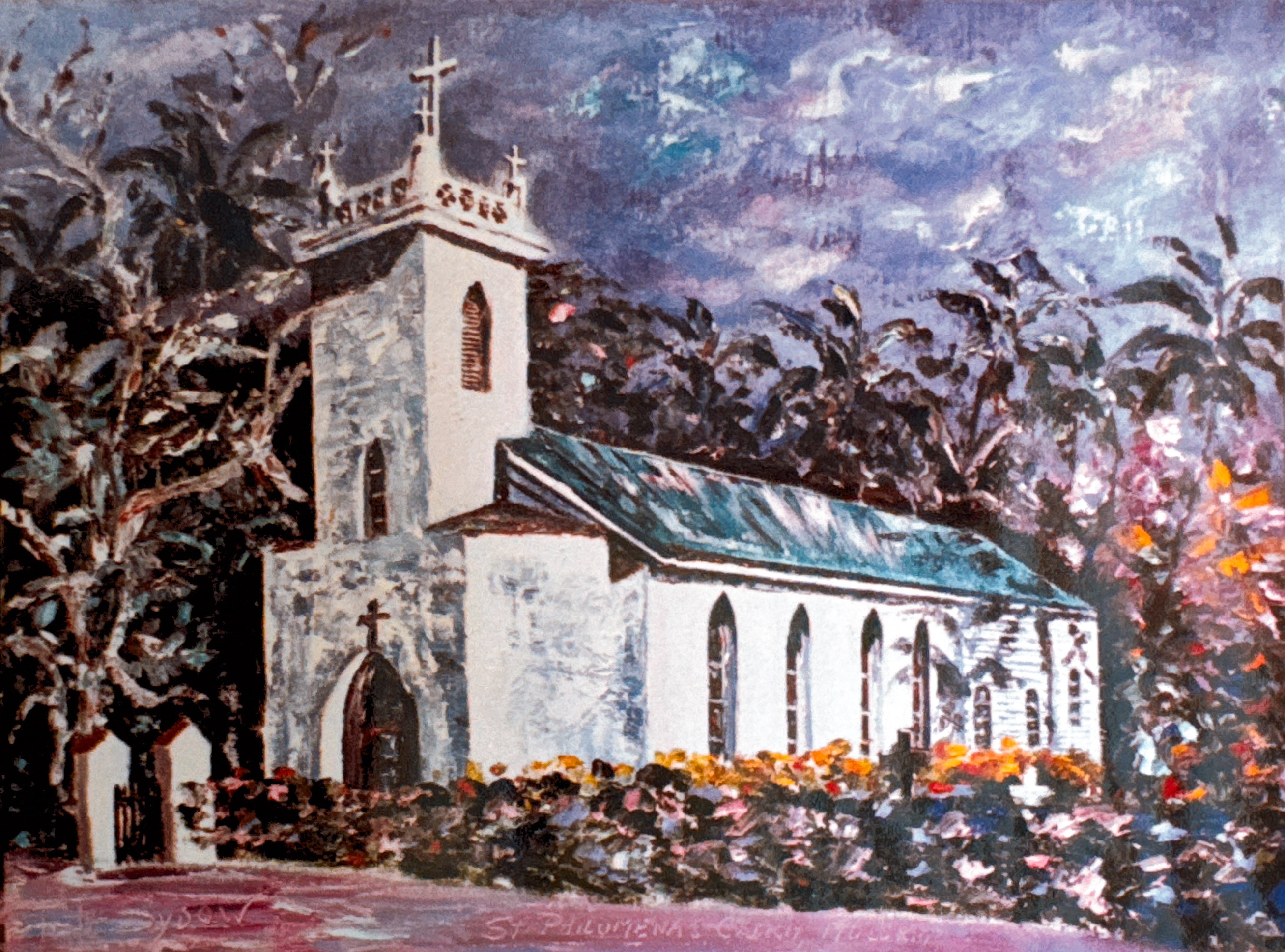 Painting of historic stone church on Oʻahu by Fritz Sydow