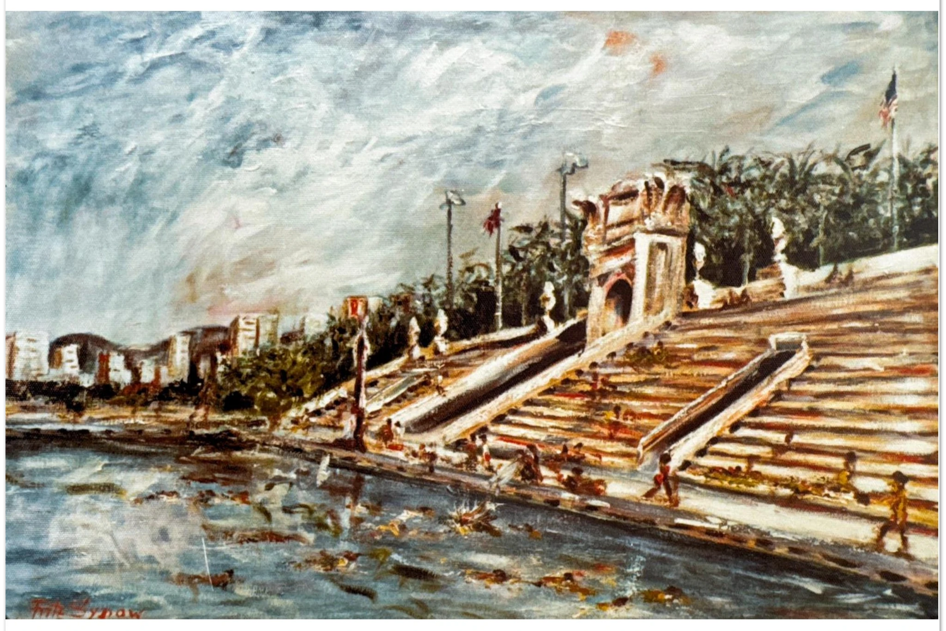 Oil painting of historic Honolulu street scene by Fritz Sydow