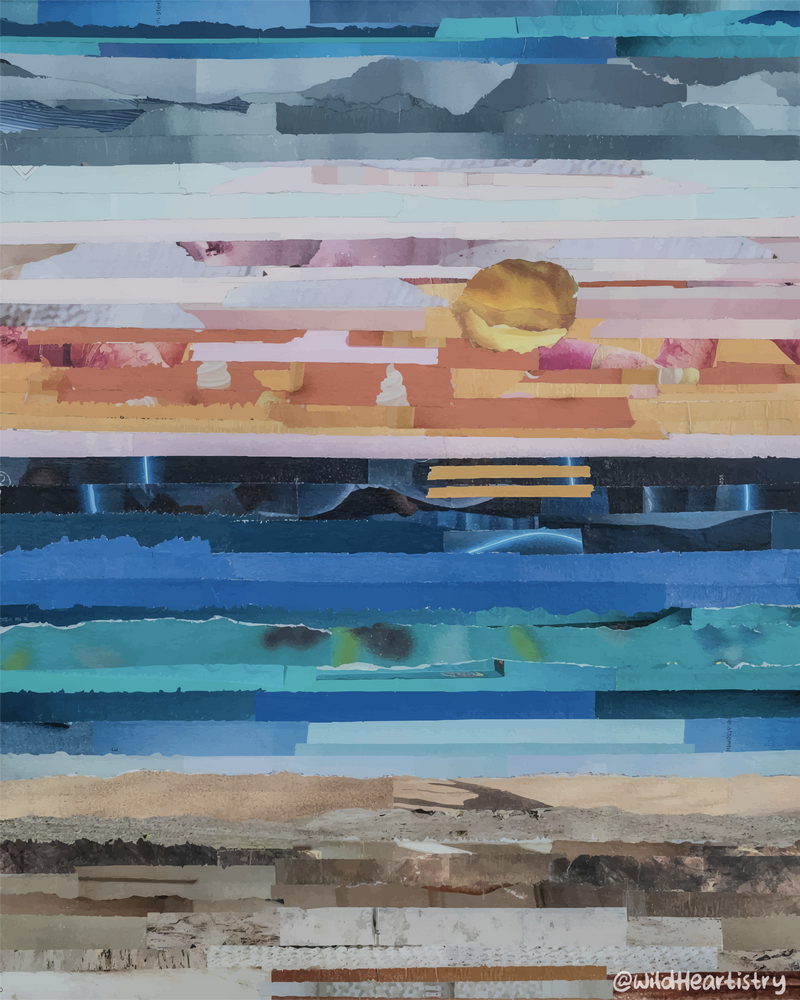 Collage art with layered strips of paper in various colors by Berni Sydow