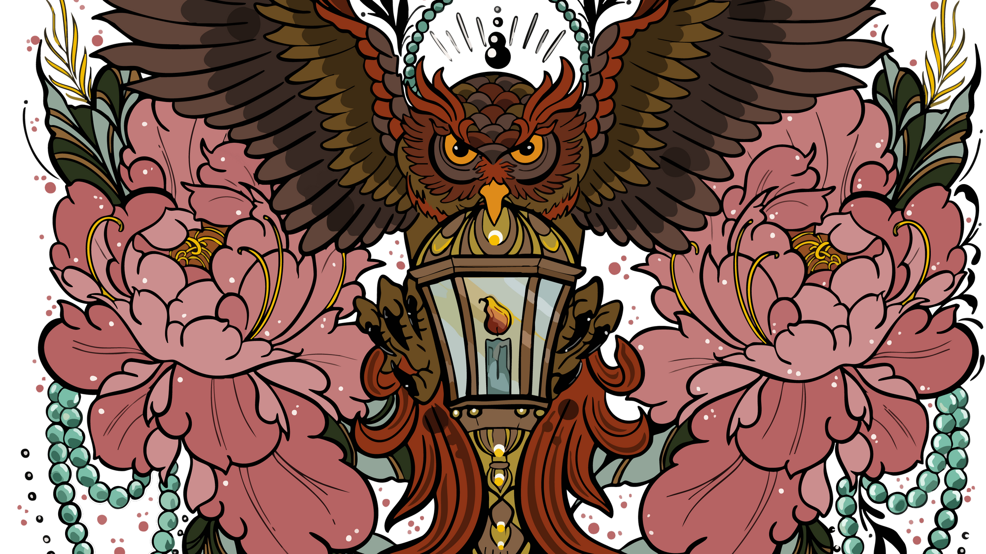 Decorative illustration of an owl with open wings surrounded by pink flowers and decorative elements illustrated by Tasha Cannaday